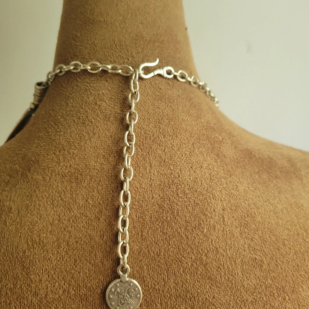 Silver Tone Tribal Triangle Charm Coin Choker Necklace Adjustable Size EthnoCore